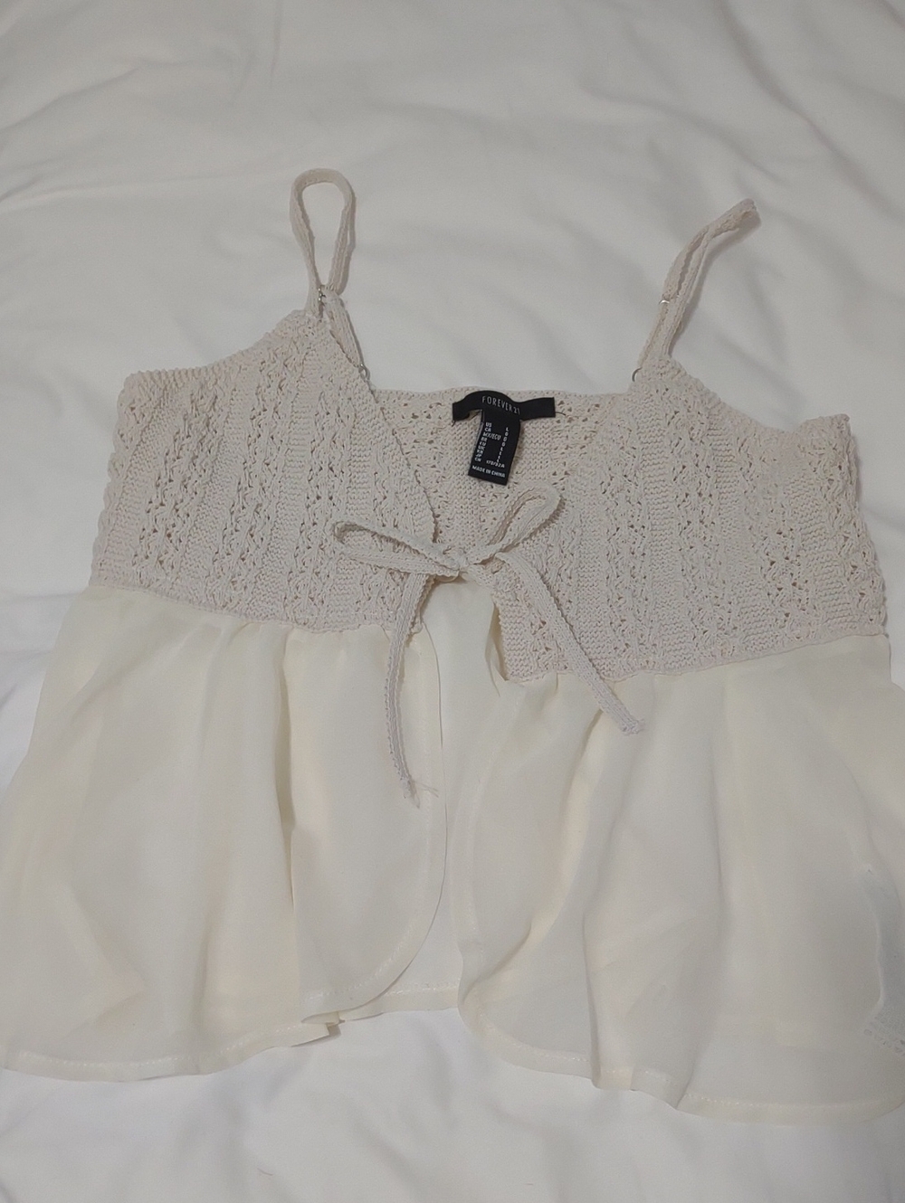 Forever 21 Cream Crochet Knit & Chiffon Tie-Front Cami